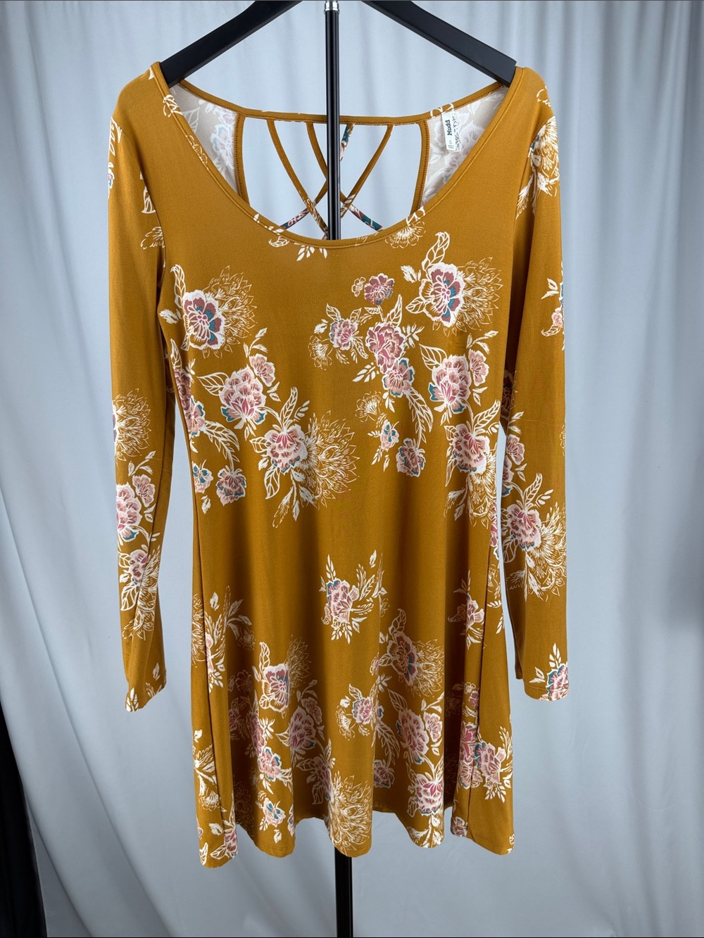 Mudd Mustard Floral Crisscross-Back Skater Dress Size Small